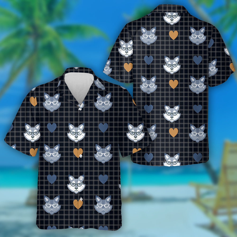 Hipster With Wolf In Glasses On Check Black Background Hawaiian Shirt, Hawaiian Shirt Gift, Christmas Gift