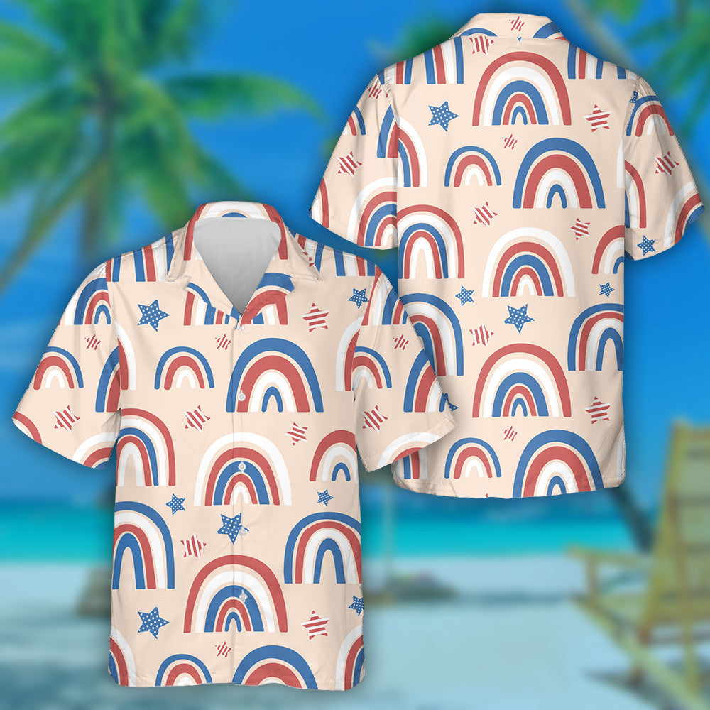 Modern Rainbow And Star Pastel Illustration American Flag Hawaiian Shirt, Hawaiian Shirt Gift, Christmas Gift