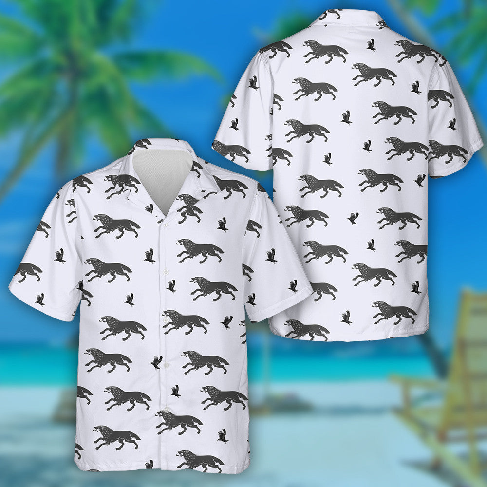Running Wolf And Flying Crows On Grey Hawaiian Shirt, Hawaiian Shirt Gift, Christmas Gift