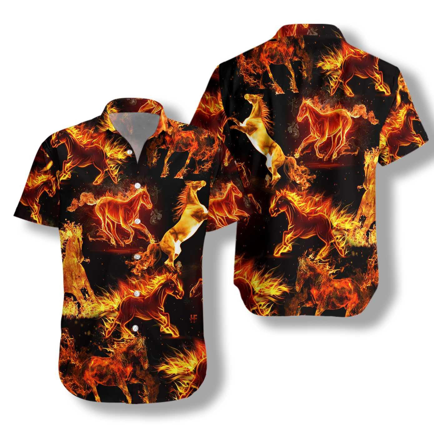 Realistic Themed Hot Flaming Horses Hawaiian Shirt,Hawaiian Shirt Gift, Christmas Gift