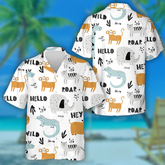Hello Wild Happy Animals Blue Giraffe Cartoon Hawaiian Shirt, Hawaiian Shirt Gift, Christmas Gift