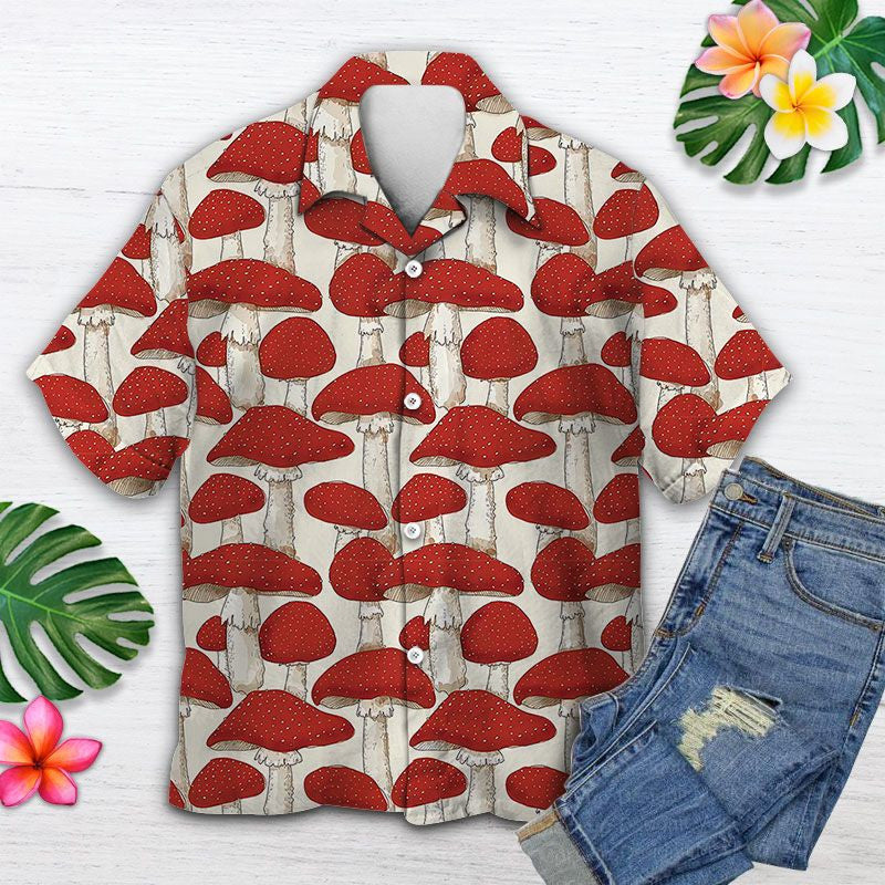 Holiday Gifts Red And White Mushrooms Jungle Pattern Hawaiian Shirt, Hawaiian Shirt Gift, Christmas Gift
