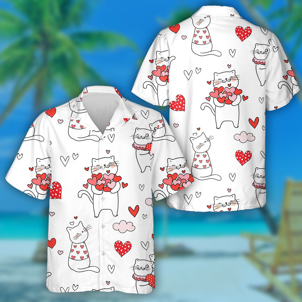 Cute Cat With Red Heart For Valentine Day Hawaiian Shirt, Hawaiian Shirt Gift, Christmas Gift