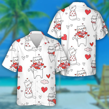 Cute Cat With Red Heart For Valentine Day Hawaiian Shirt, Hawaiian Shirt Gift, Christmas Gift