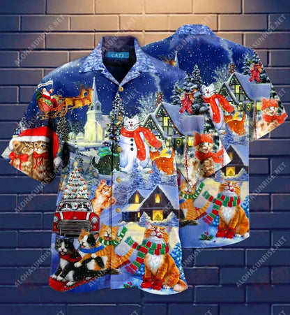 Cats Merry Fluffmas Short Hawaiian Shirt Ocean Short Sleeve Best Hawaiian Shirts Funny Hawaiian Shirts, Hawaiian Shirt Gift, Christmas Gift