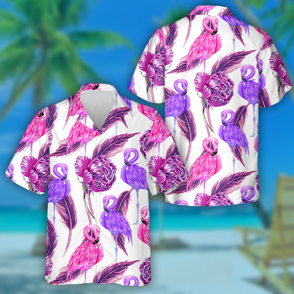Beautiful Flamingo WIth Purple Flowers Peony Feathers Hawaiian Shirt, Hawaiian Shirt Gift, Christmas Gift