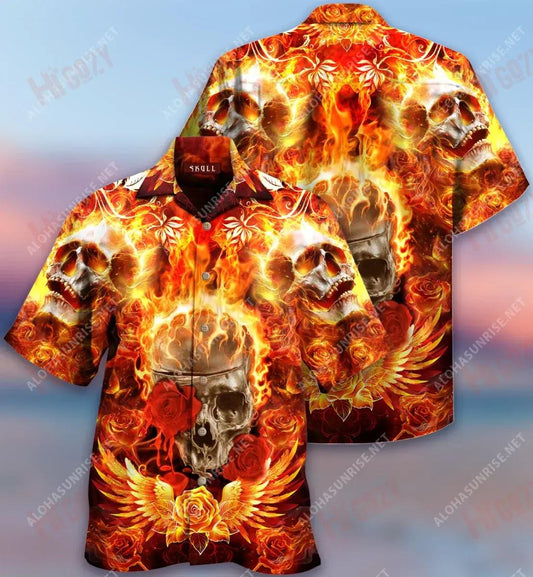 Flaming Rose Skull Short Hawaiian Shirt Hobbies Tropical Shirts Custom Hawaiian Shirts Hawaiian Shirts For Men, Hawaiian Shirt Gift, Christmas Gift