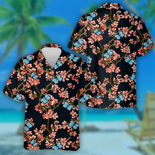 Butterflies With Tropical Japanese Flowers Spring Hawaiian Shirt, Hawaiian For Gift