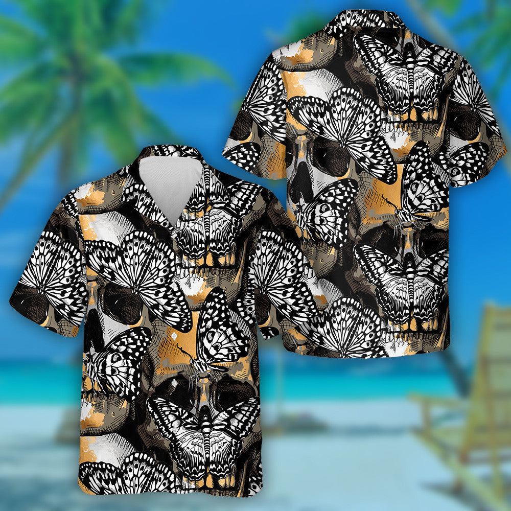 Spring Theme Gold And Silver Skulls With Exotic Butterflies Hawaiian Shirt, Hawaiian Shirt Gift, Christmas Gift