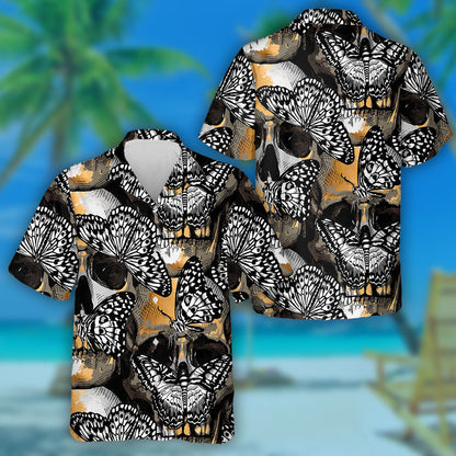 Spring Theme Gold And Silver Skulls With Exotic Butterflies Hawaiian Shirt, Hawaiian Shirt Gift, Christmas Gift