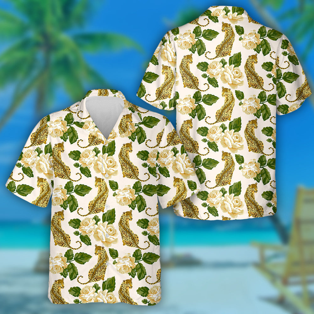 Pastell Rosen und wilde Leoparden auf weißem Hintergrund Hawaii-Shirt, Hawaii-Shirt Geschenk, Weihnachtsgeschenk