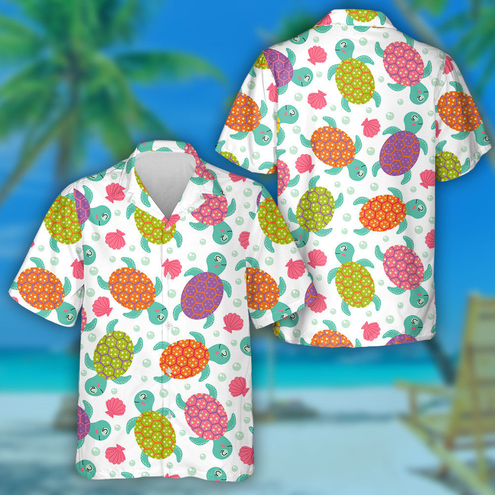 Colorful Turtles Seashells And Pearls On White Hawaiian Shirt, Hawaiian Shirt Gift, Christmas Gift