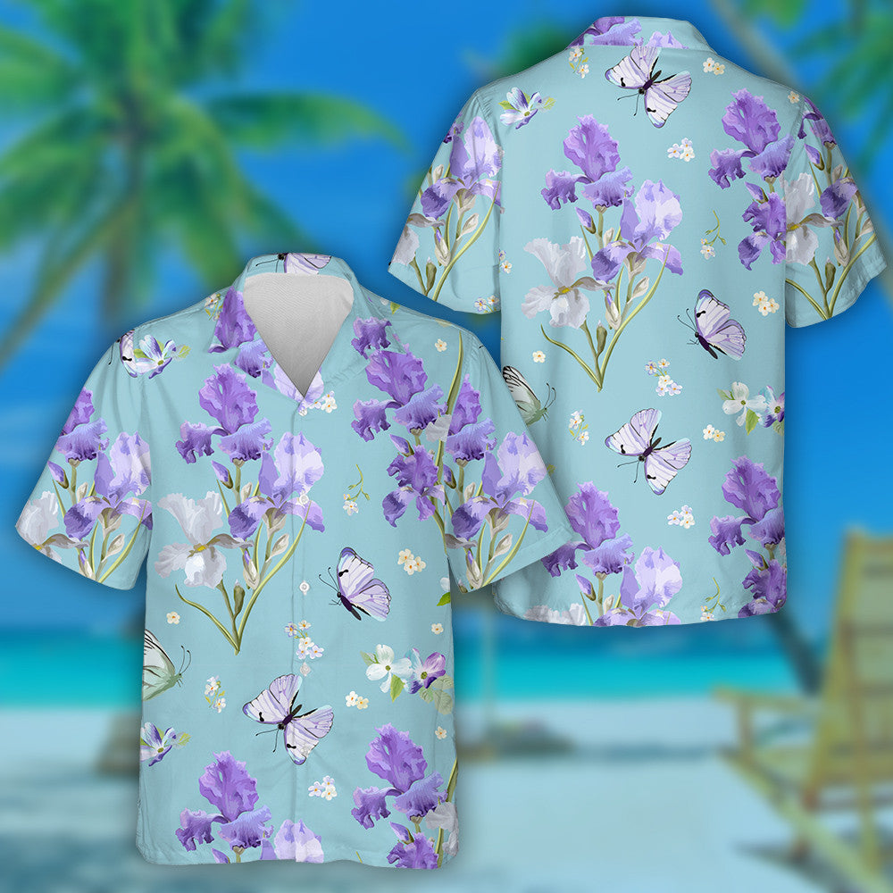 Theme Purple Blooming Iris Flowers And Flying Butterflies Hawaiian Shirt, Hawaiian Shirt Gift, Christmas Gift