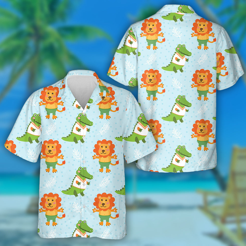 Cute Cartoon Crocodile And Cute Lion Hawaiian Shirt,Hawaiian Shirt Gift, Christmas Gift