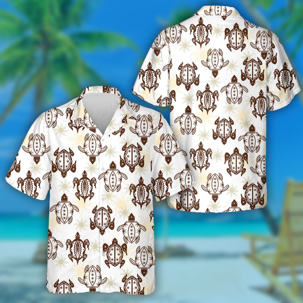 Brown Cute Turtle And Sun Tribal Style Hawaiian Shirt, Hawaiian Shirt Gift, Christmas Gift