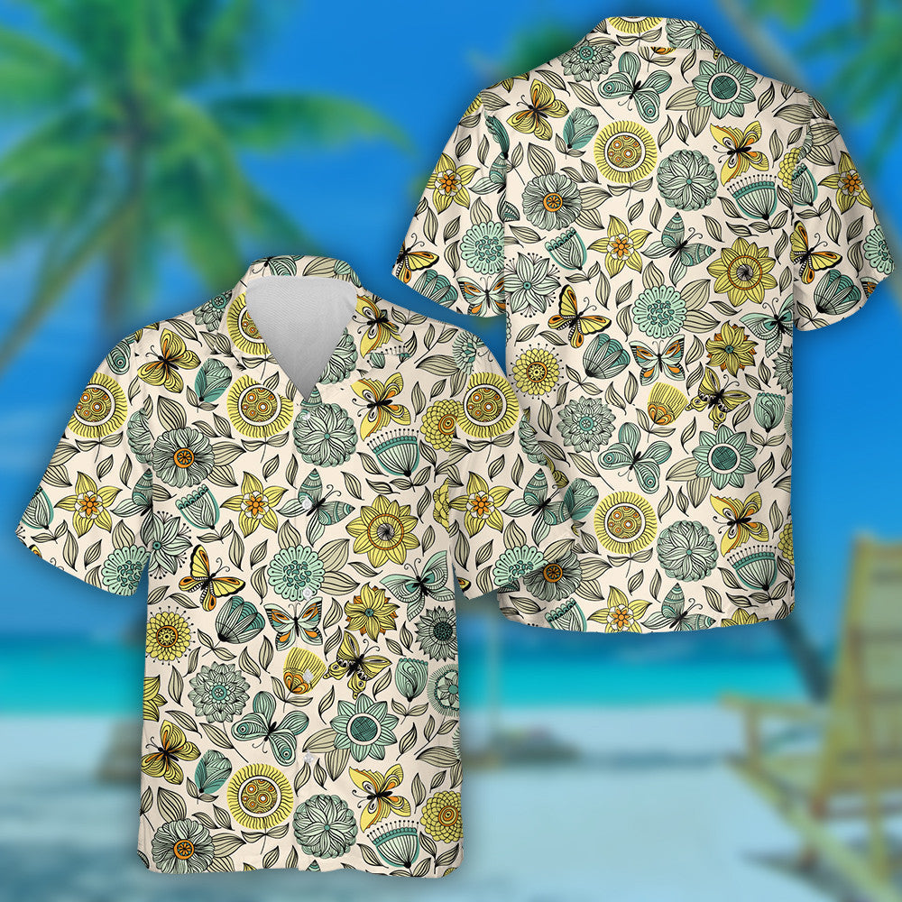 Hand Drawn Butterflies Flying Over The Flowers Hawaiian Shirt, Hawaiian Shirt Gift, Christmas Gift