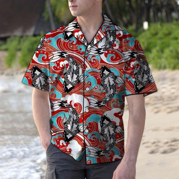 Koi Fish Wave Awesome Background Design Hawaiian Shirt,Hawaiian Shirt Gift, Christmas Gift
