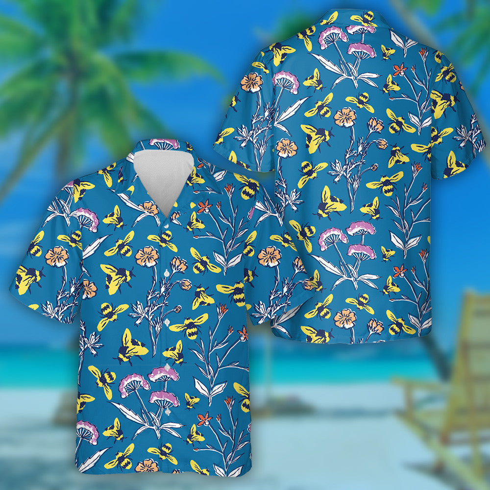 Honey Bee And Spring Meadow On Blue Background Hawaiian Shirt, Hawaiian Shirt Gift, Christmas Gift