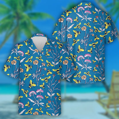 Honey Bee And Spring Meadow On Blue Background Hawaiian Shirt, Hawaiian Shirt Gift, Christmas Gift