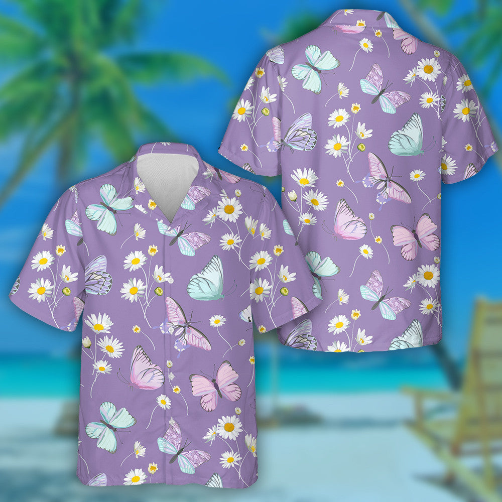 Spring Theme Daisy Flowers And Butterfly Hawaiian Shirt,Hawaiian Shirt Gift, Christmas Gift