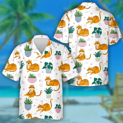 Cartoon Funny Red Cats And Plants In Pots Hawaiian Shirt, Hawaiian Shirt Gift, Christmas Gift