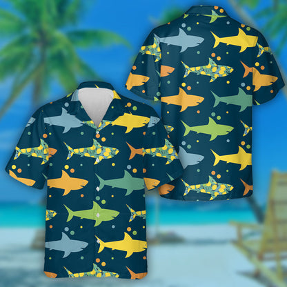 Colorful Sharks With Tropical Fruits And Leaves Pattern Hawaiian Shirt, Hawaiian Shirt Gift, Christmas Gift