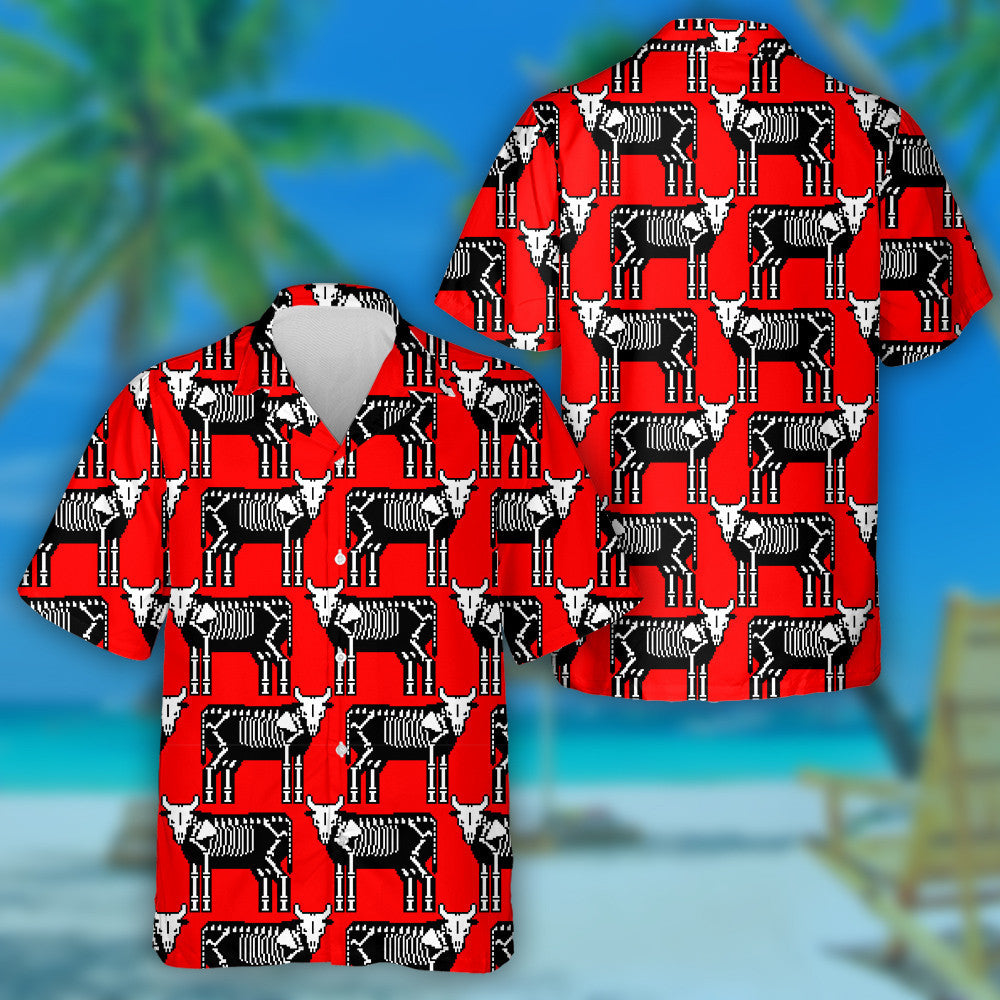 Cow Skeleton Pixel Art On Red Hawaiian Shirt,Hawaiian Shirt Gift, Christmas Gift