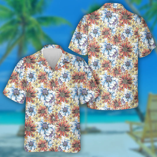 Vintage Watercolor Sunflower Chrysanthemum Flowers Floral Hawaiian Shirt, Hwaiian For Gift