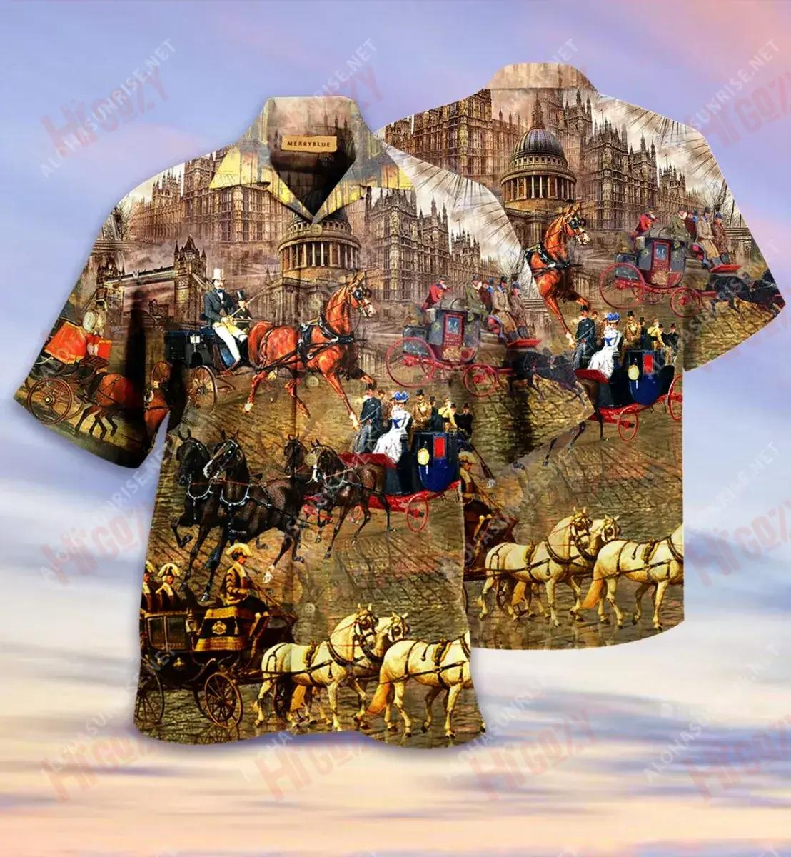 Good Old Memory, London Carriage Unisex Short Sleeve Shirt Ocean Hawaiian T Shirts Custom Hawaiian Shirts Hawaiian Shirts For Women, Hawaiian Shirt Gift, Christmas Gift