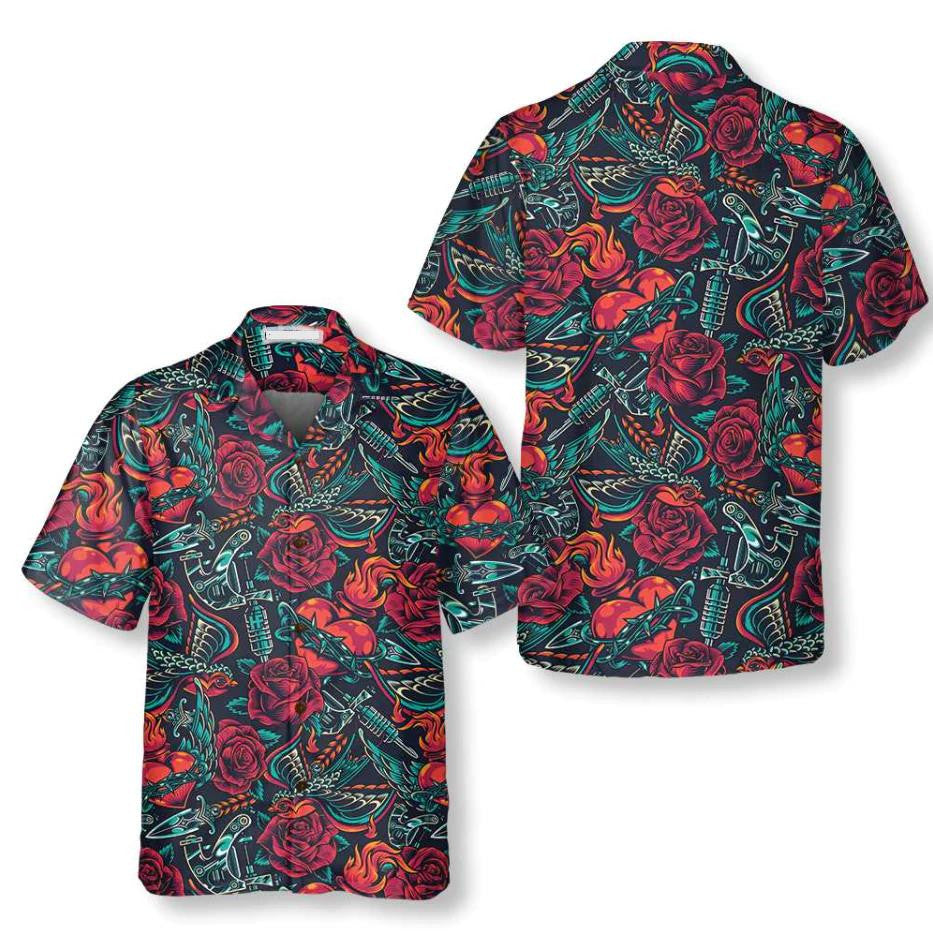 Vintage Tattoo Skull Roses Day Of The Dead Hawaiian Shirt, Hawaiian Shirt Gift, Christmas Gift