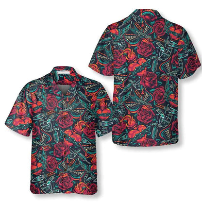 Vintage Tattoo Skull Roses Day Of The Dead Hawaiian Shirt, Hawaiian Shirt Gift, Christmas Gift