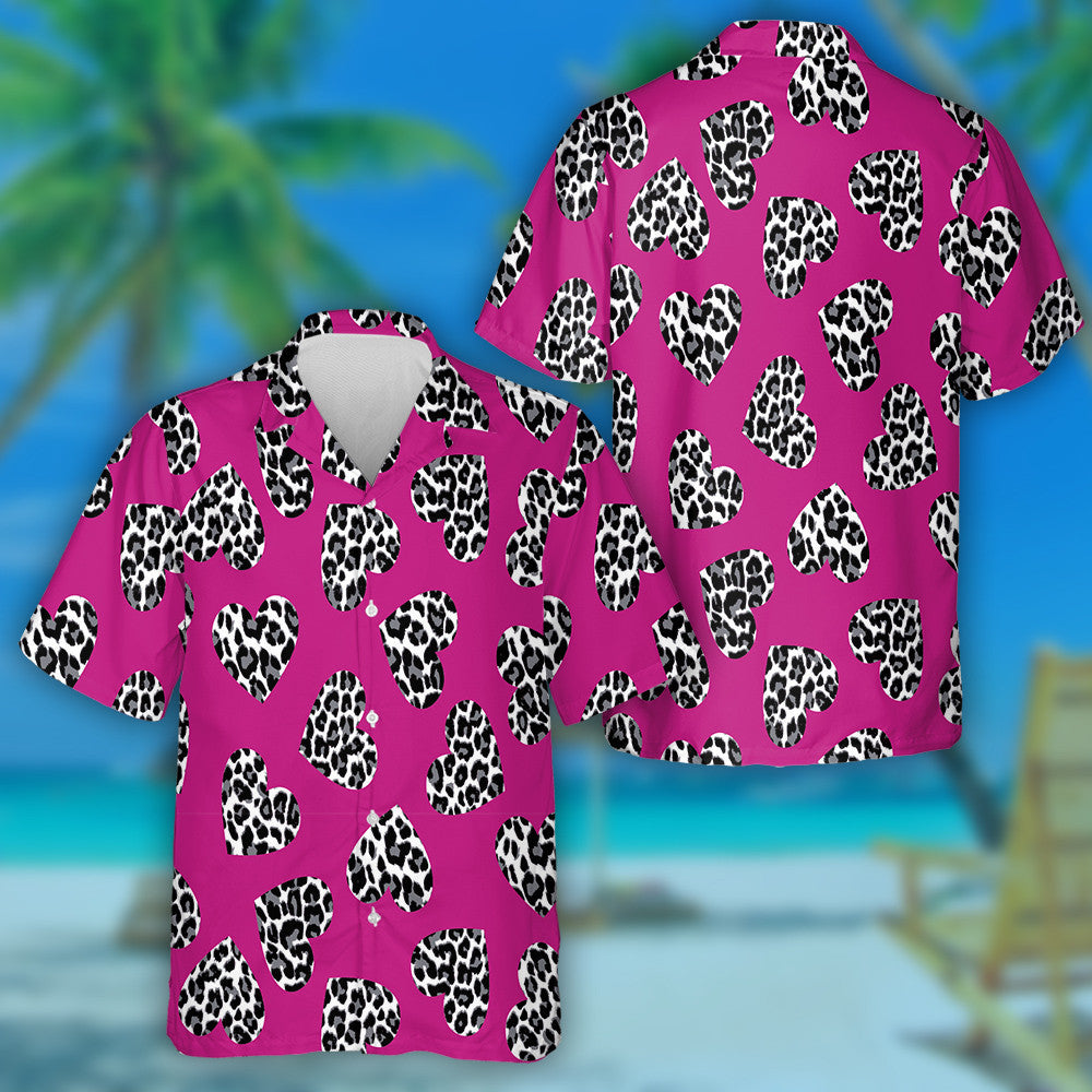 Leopard Heart On Dark Pink In Vintage Style Hawaiian Shirt, Hawaiian Shirt Gift, Christmas Gift