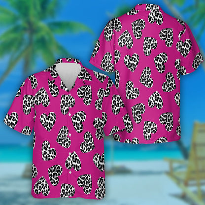 Leopard Heart On Dark Pink In Vintage Style Hawaiian Shirt, Hawaiian Shirt Gift, Christmas Gift