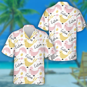 Yellow And Pink Hens Easter Lettering And Chicken Eggs Hawaiian Shirt, Hawaiian Shirt Gift, Christmas Gift