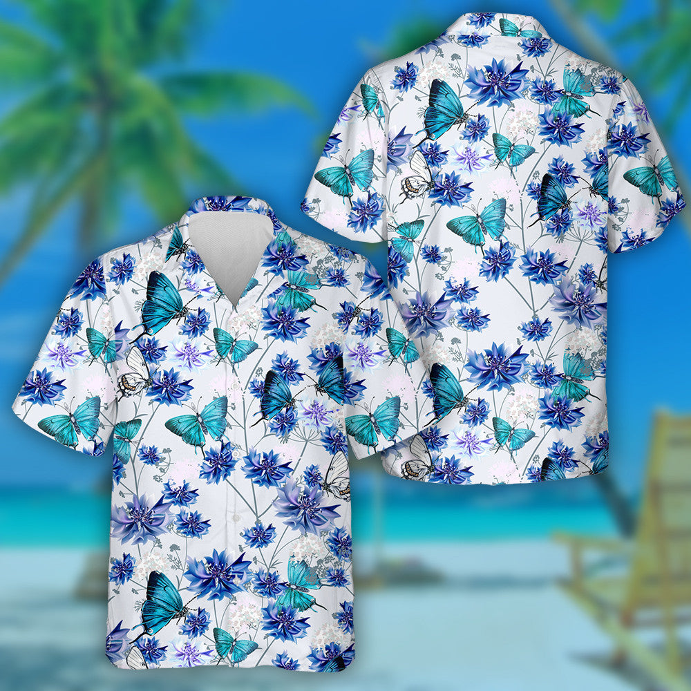 Hand Drawn Blue Cornflowers And Butterflies Hawaiian Shirt, Hawaiian For Gift