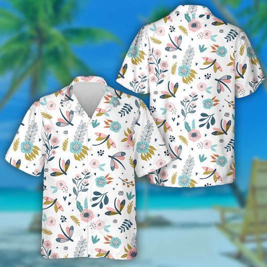 Bright Flying Dragonfly Insects And Flowers Hawaiian Shirt, Hawaiian For Gift