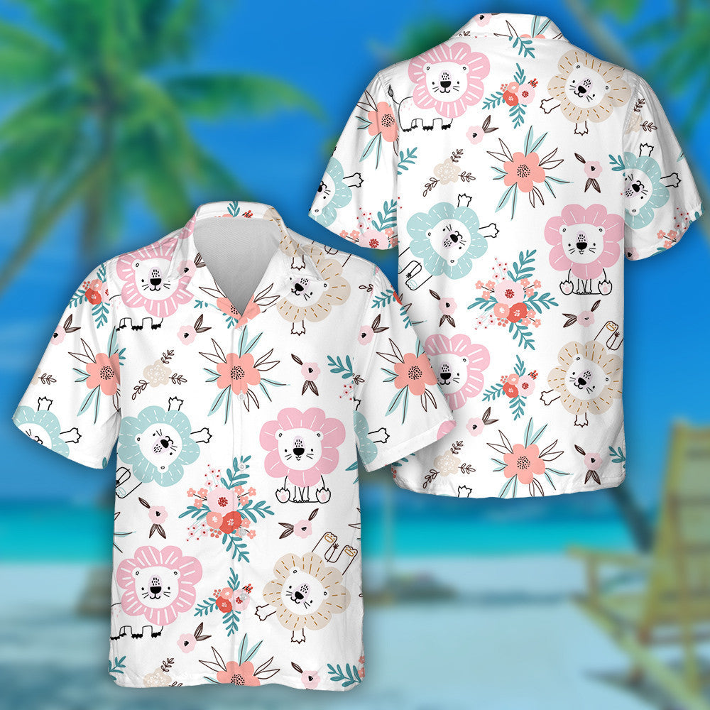 Funny Lions And Floral Elements Hawaiian Shirt,Hawaiian Shirt Gift, Christmas Gift