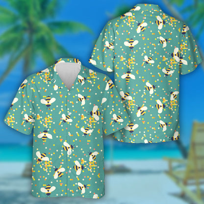Natural Summer Cute Cartoon Bees On Dot Honeycombs Hawaiian Shirt, Hawaiian Shirt Gift, Christmas Gift
