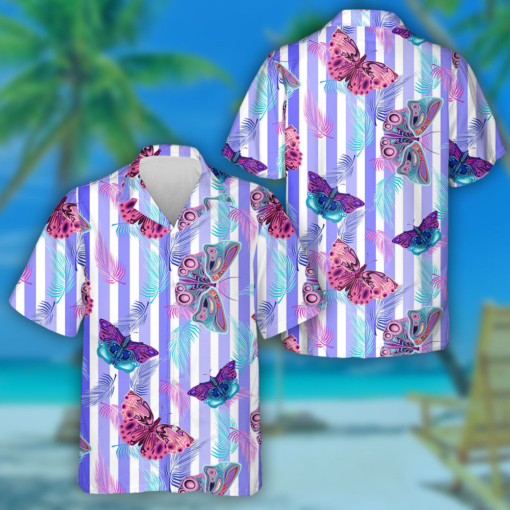 Pretty Theme Mystical Butterfly And Palm Leaves On Striped Hawaiian Shirt, Hawaiian Shirt Gift, Christmas Gift