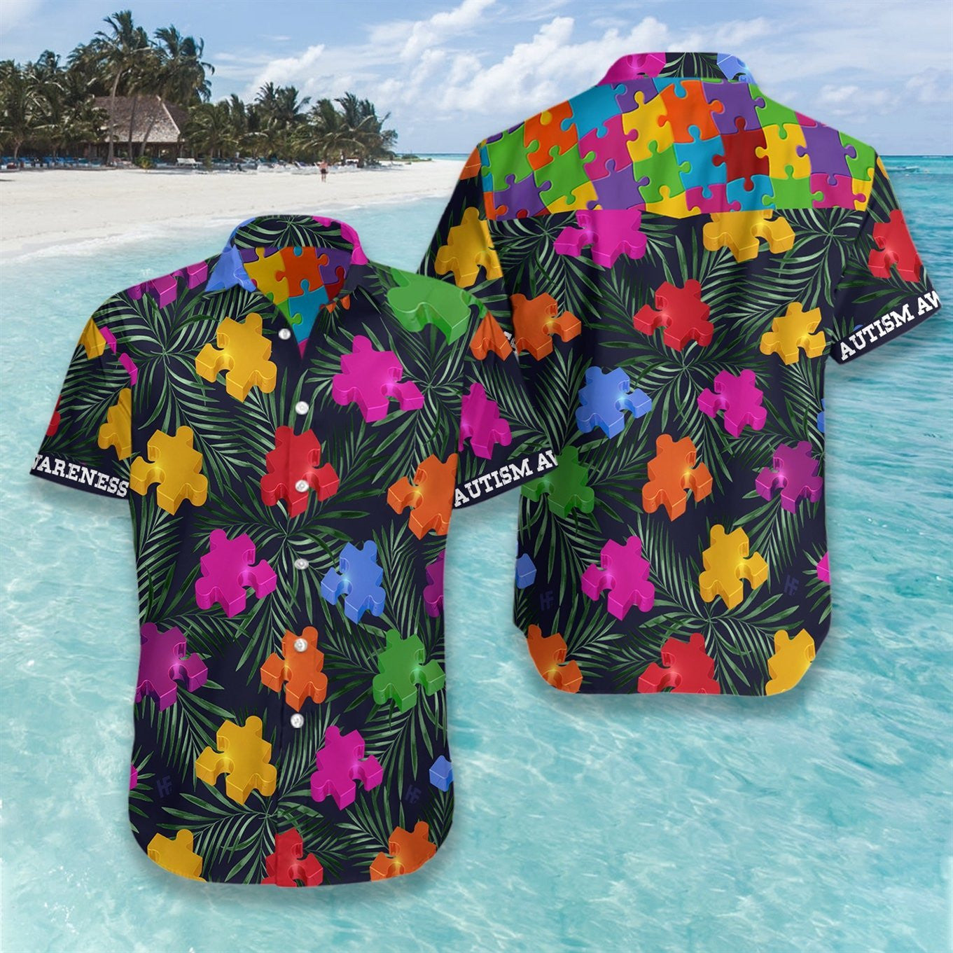Autism Tropical On Dark Pattern Hawaiian Shirt, Hawaiian Shirt Gift, Christmas Gift