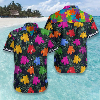 Autism Tropical On Dark Pattern Hawaiian Shirt, Hawaiian Shirt Gift, Christmas Gift