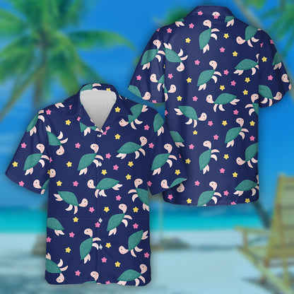 Cheerful Turtle And Starfish On A Blue Background Hawaiian Shirt, Hawaiian Shirt Gift, Christmas Gift