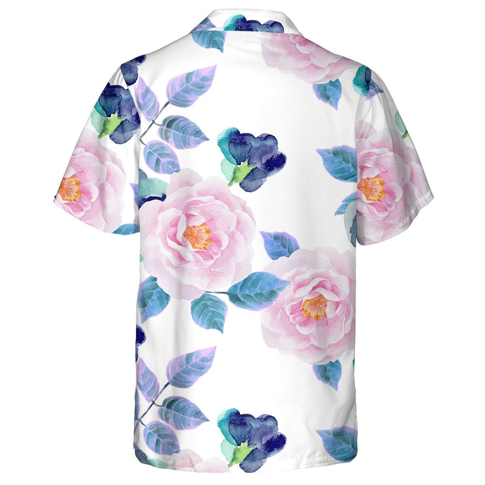 Watercolor Pattern Of Roses Violets On White Background Hawaiian Shirt, Hawaiian Shirt Gift, Christmas Gift
