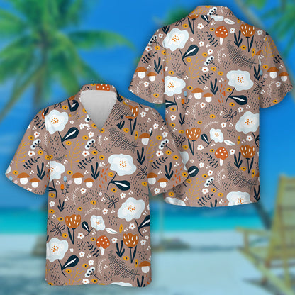 Hand Drawn Flower Meadow And Mushroom Cartoon Pattern Hawaiian Shirt, Hawaiian Shirt Gift, Christmas Gift