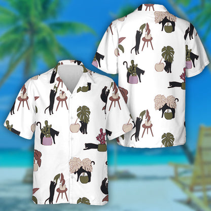 Hand Drawn Cat And House Plants Hawaiian Shirt, Hawaiian For Gift