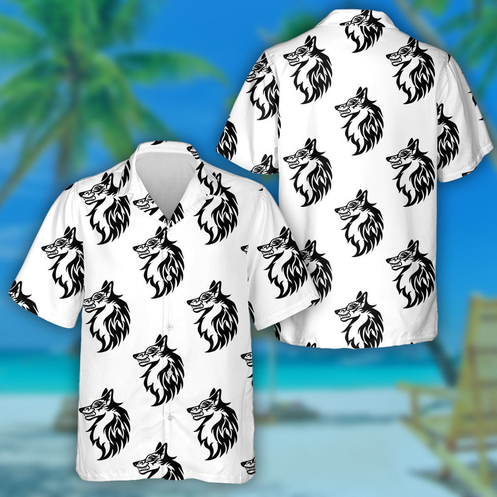 Black And White Face Of Wolf Traditional Tattoo Hawaiian Shirt, Hawaiian Shirt Gift, Christmas Gift