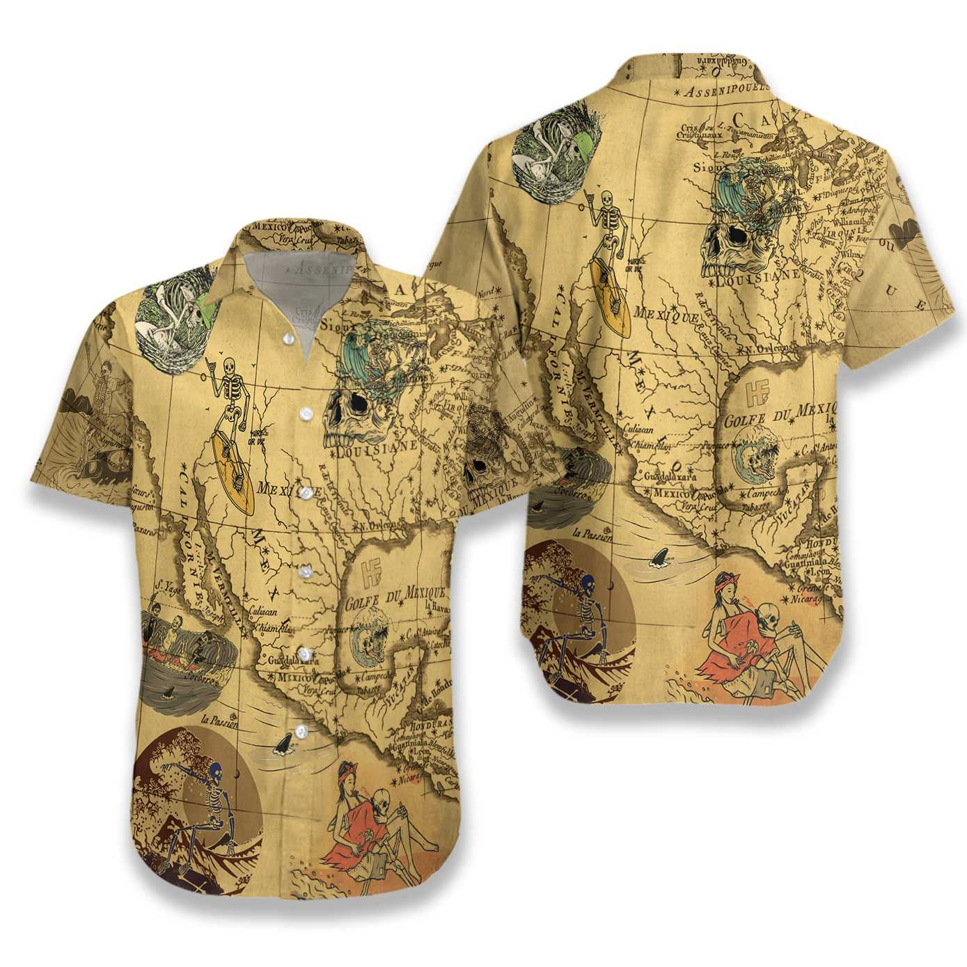 Skeleton Surfing Beautiful Vintage Style Hawaiian Shirt,Hawaiian Shirt Gift, Christmas Gift