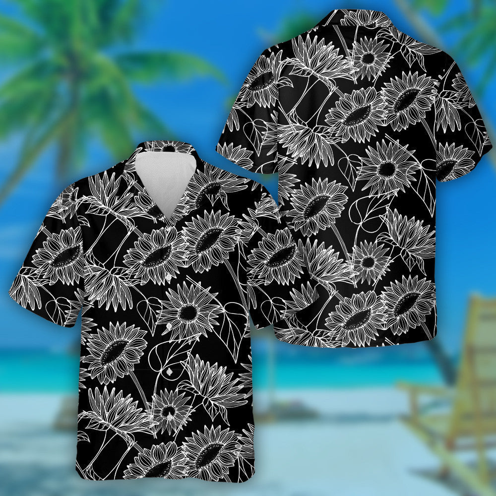 Black Theme Of Hand Drawn Sunflowers Bud And Leaves Hawaiian Shirt, Hawaiian Shirt Gift, Christmas Gift