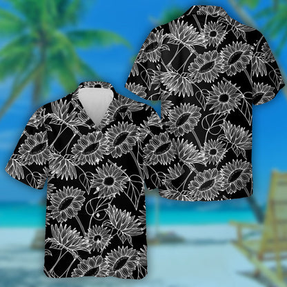 Black Theme Of Hand Drawn Sunflowers Bud And Leaves Hawaiian Shirt, Hawaiian Shirt Gift, Christmas Gift