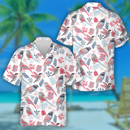 Colorful Birds In Different Actions With Floral Hawaiian Shirt, Hawaiian Shirt Gift, Christmas Gift